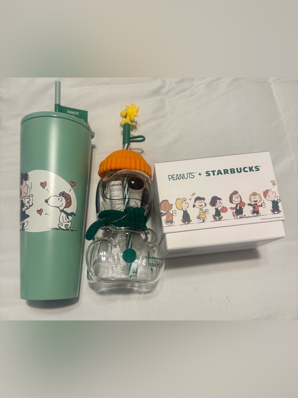 (3) Starbucks, Snoopy glass cold cup, stainless steel cold cup, & ceramic mug.